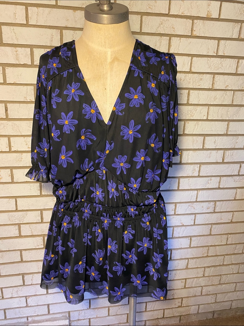 Ava & Viv Black Blouse with Purple Floral Pattern and Yellow Centers